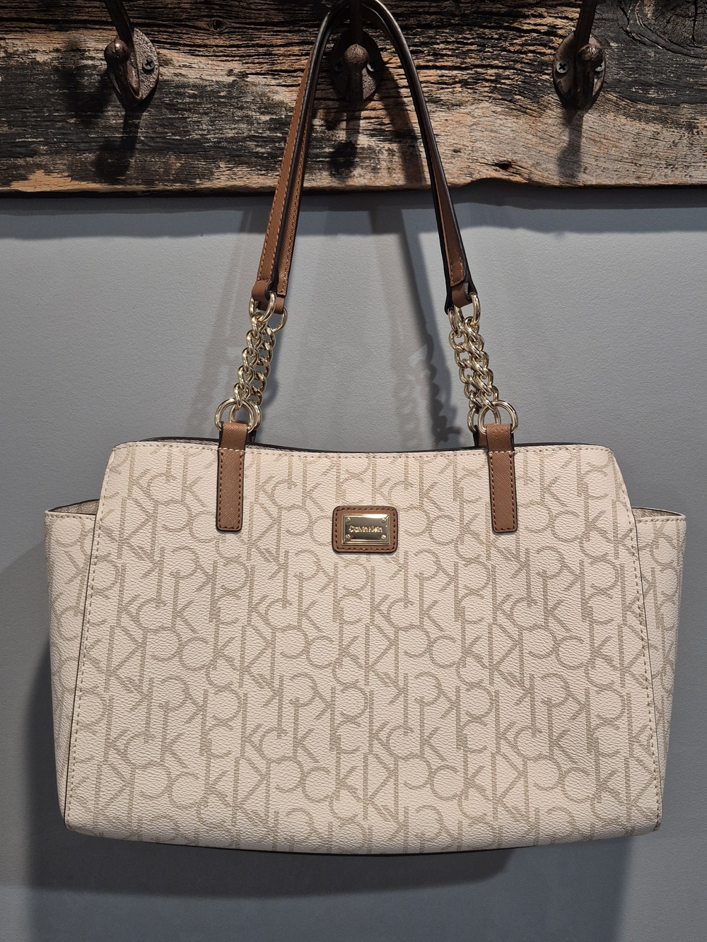 Calvin Klein Cream Logo Tote with Brown Trim